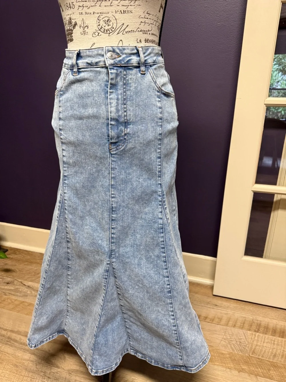 Maje Light Wash Denim Trumpet Flared Maxi Skirt - Picture 3 of 11